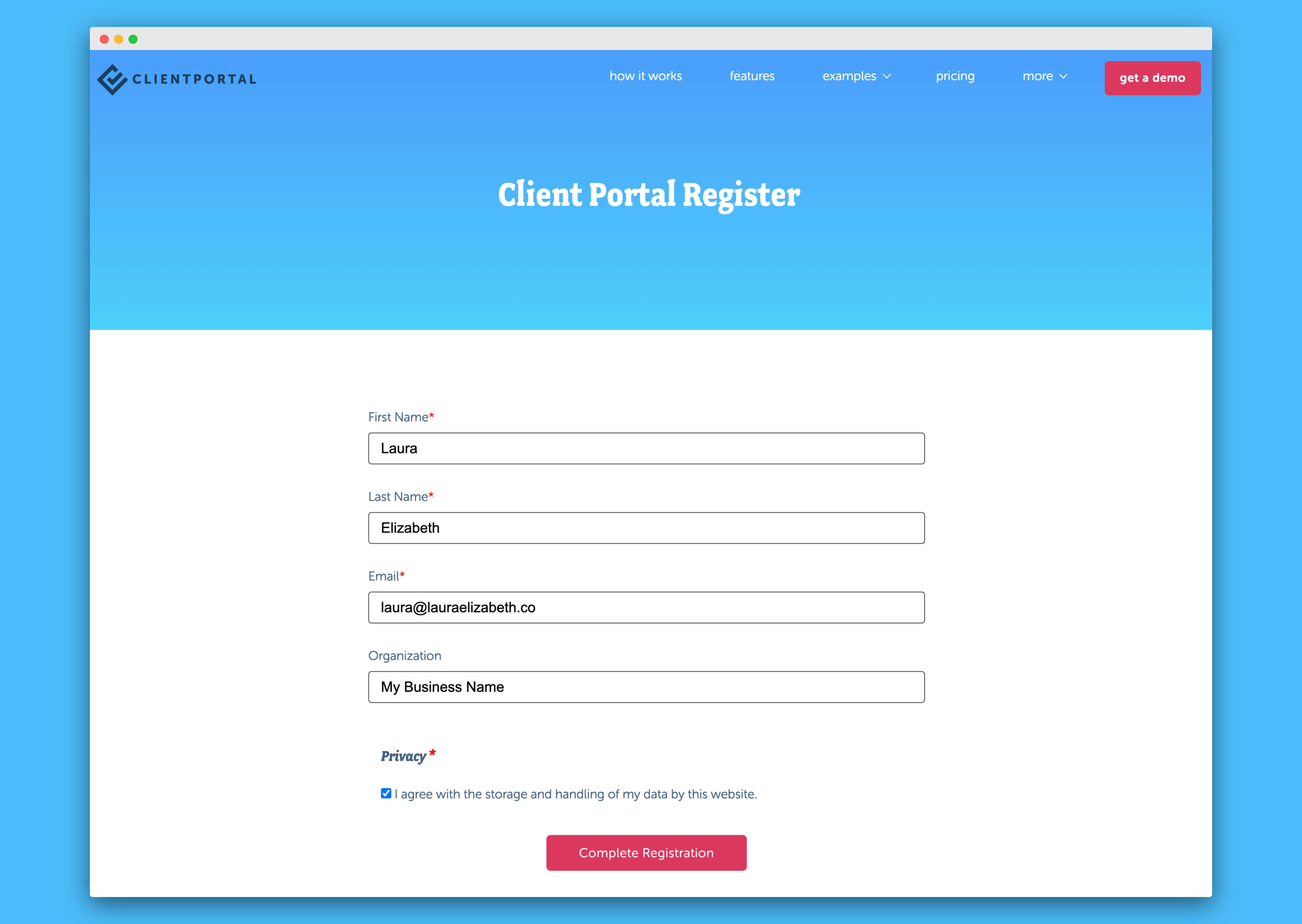 Screenshot of Client Portal registration page