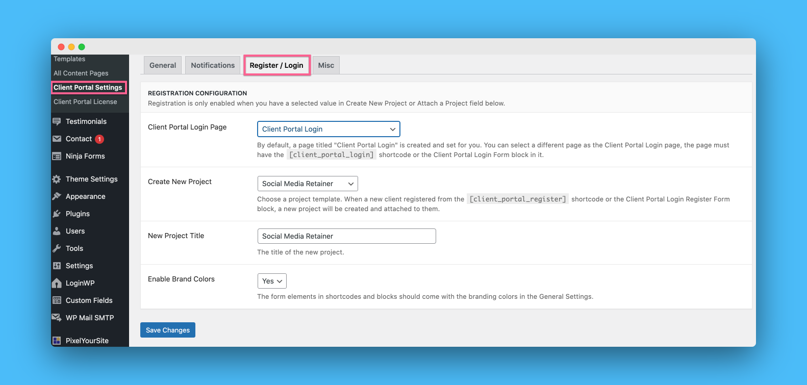 Screenshot of Client Portal Registration Settings
