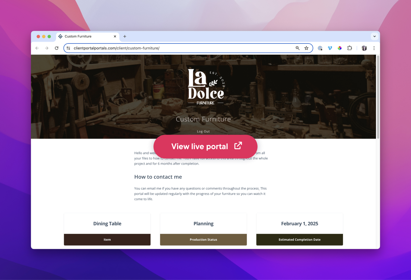 example of a customer portal for a furniture shop