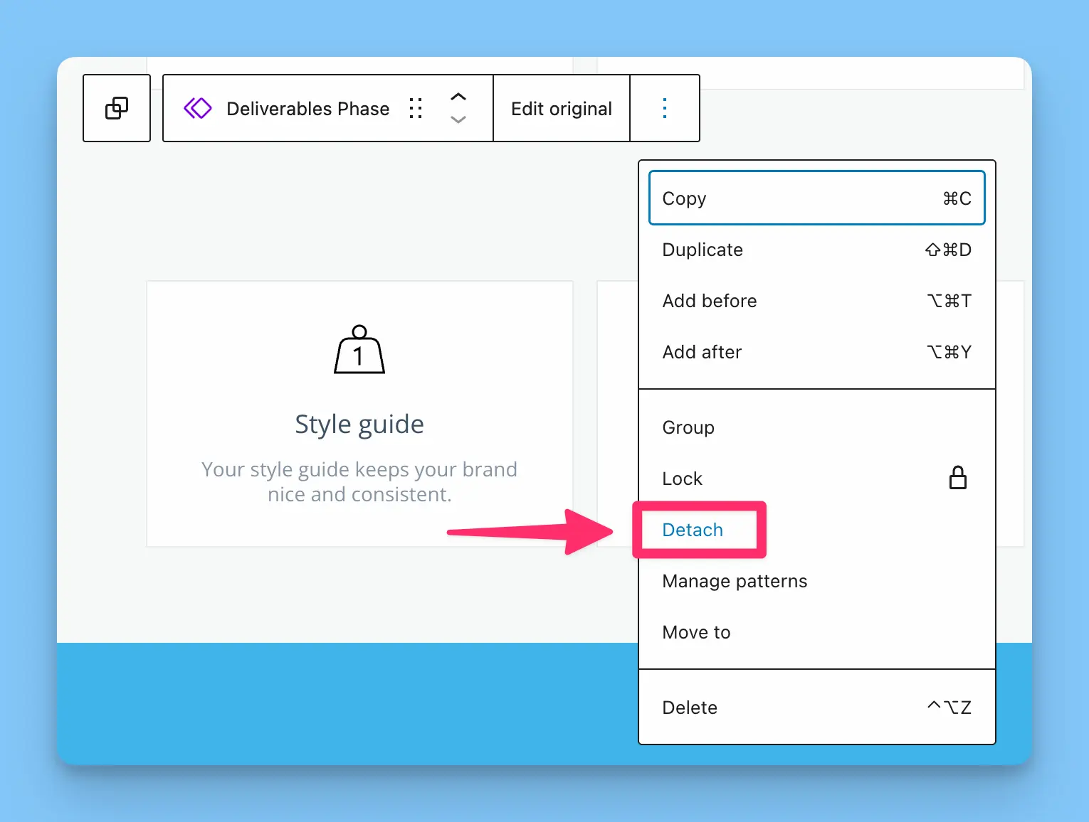 Screenshot: Right-click menu showing "detach pattern" option