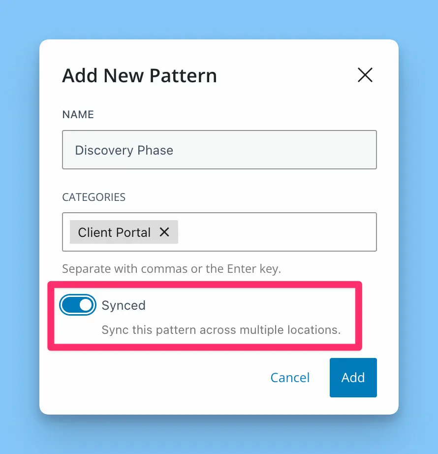 Screenshot: Create pattern dialog showing Synced toggle