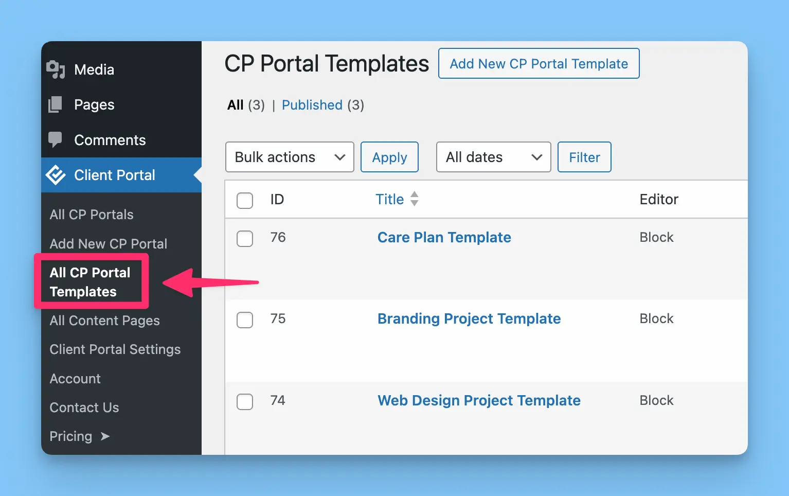 Screenshot: CP Portal Templates menu in WordPress sidebar