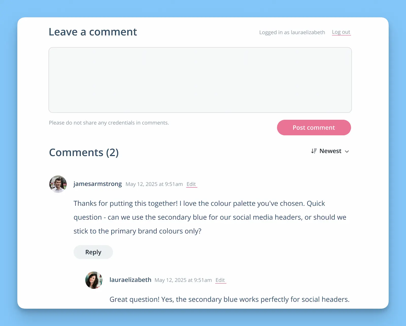 Content page showing comment form at bottom with "Leave a comment" field and example client comments