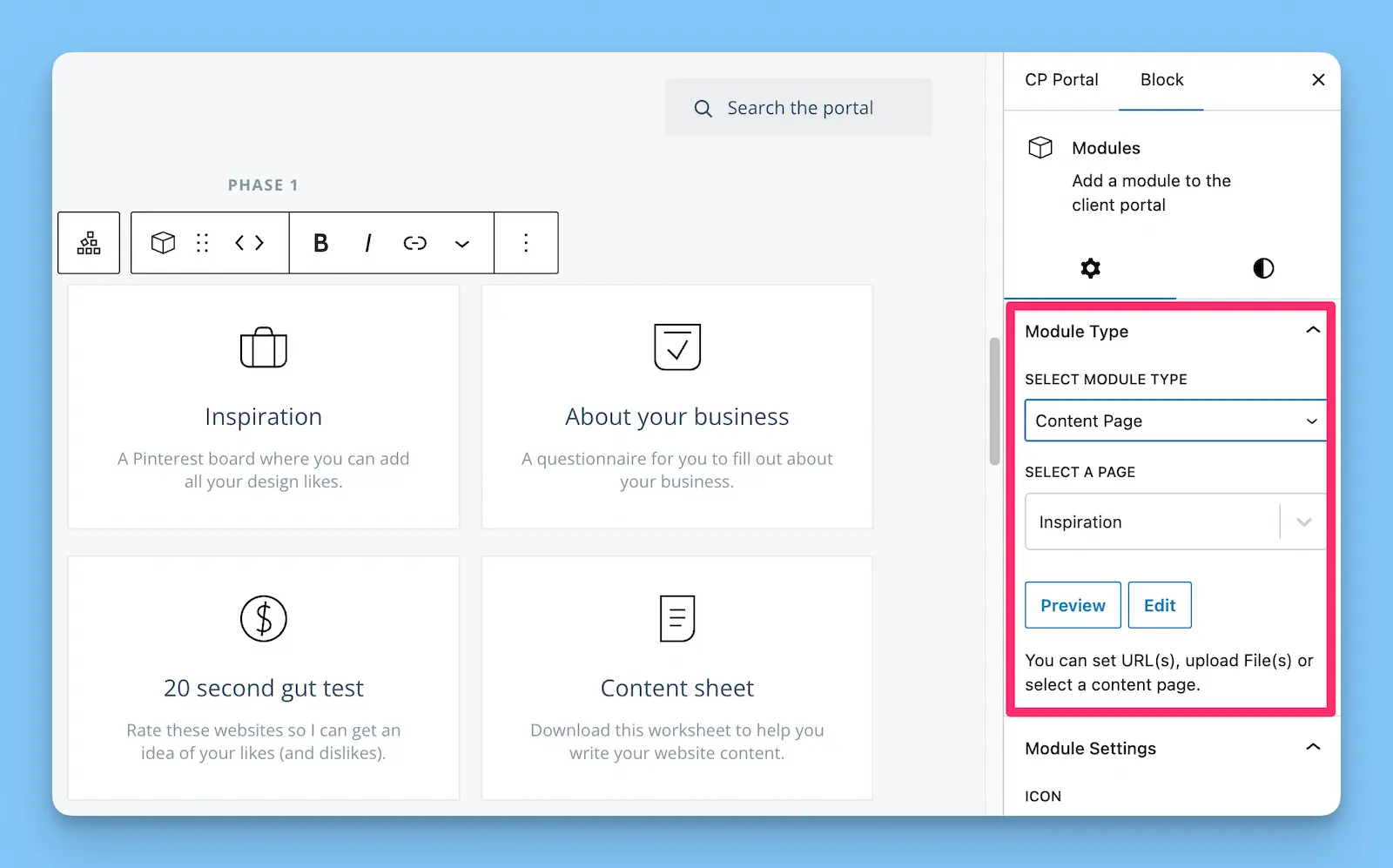 Portal editing interface showing Content Page module selection dropdown