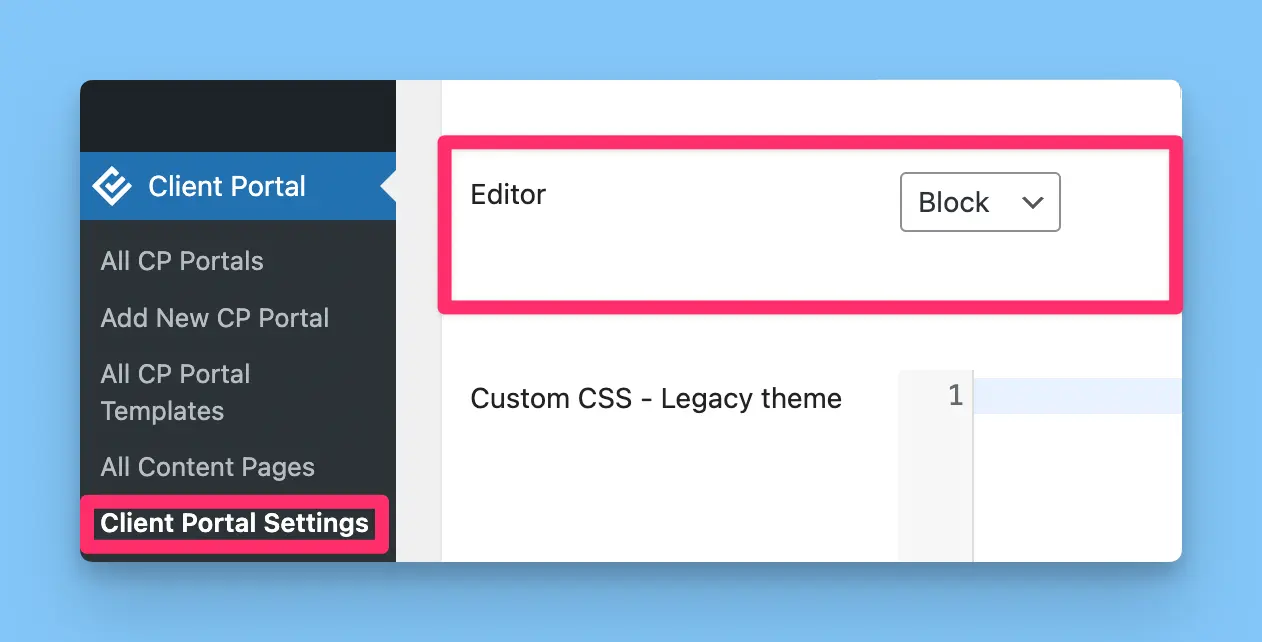 Client Portal settings screen with Block Editor option selected