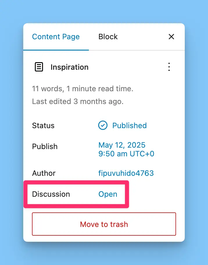 WordPress editor sidebar highlighting the Discussion panel with comments enabled