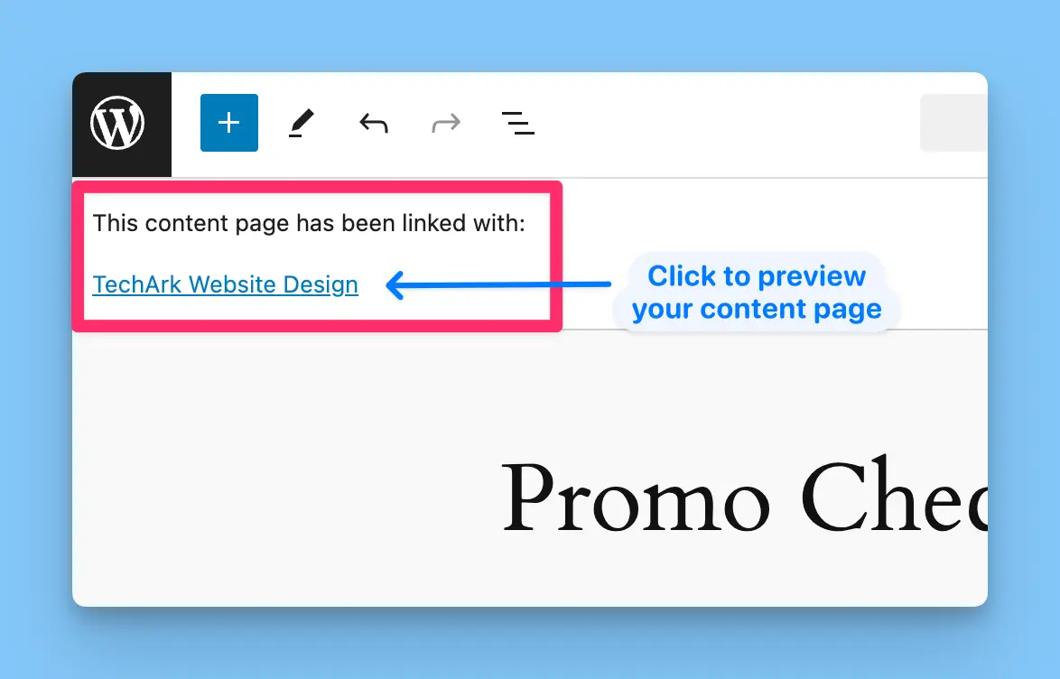 Admin notice showing preview link for content page in specific portal context