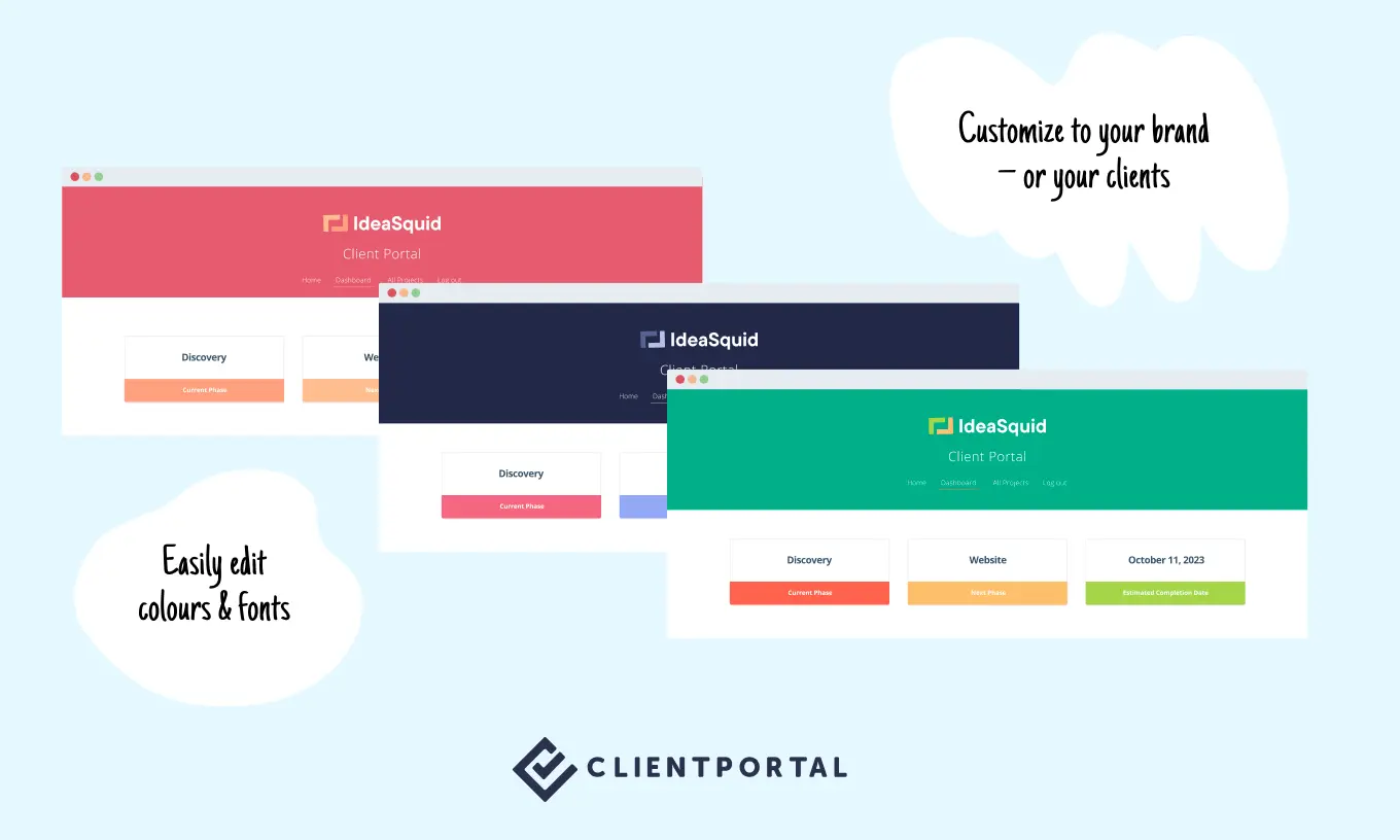 Screenshot showing a branded client portal with custom colors and logo