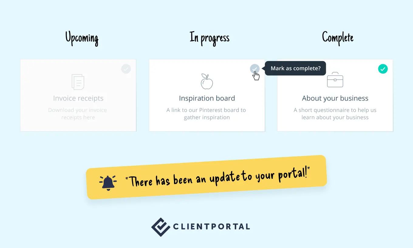Screenshot of a portal showing project timeline with different phases marked as complete, in progress, and upcoming