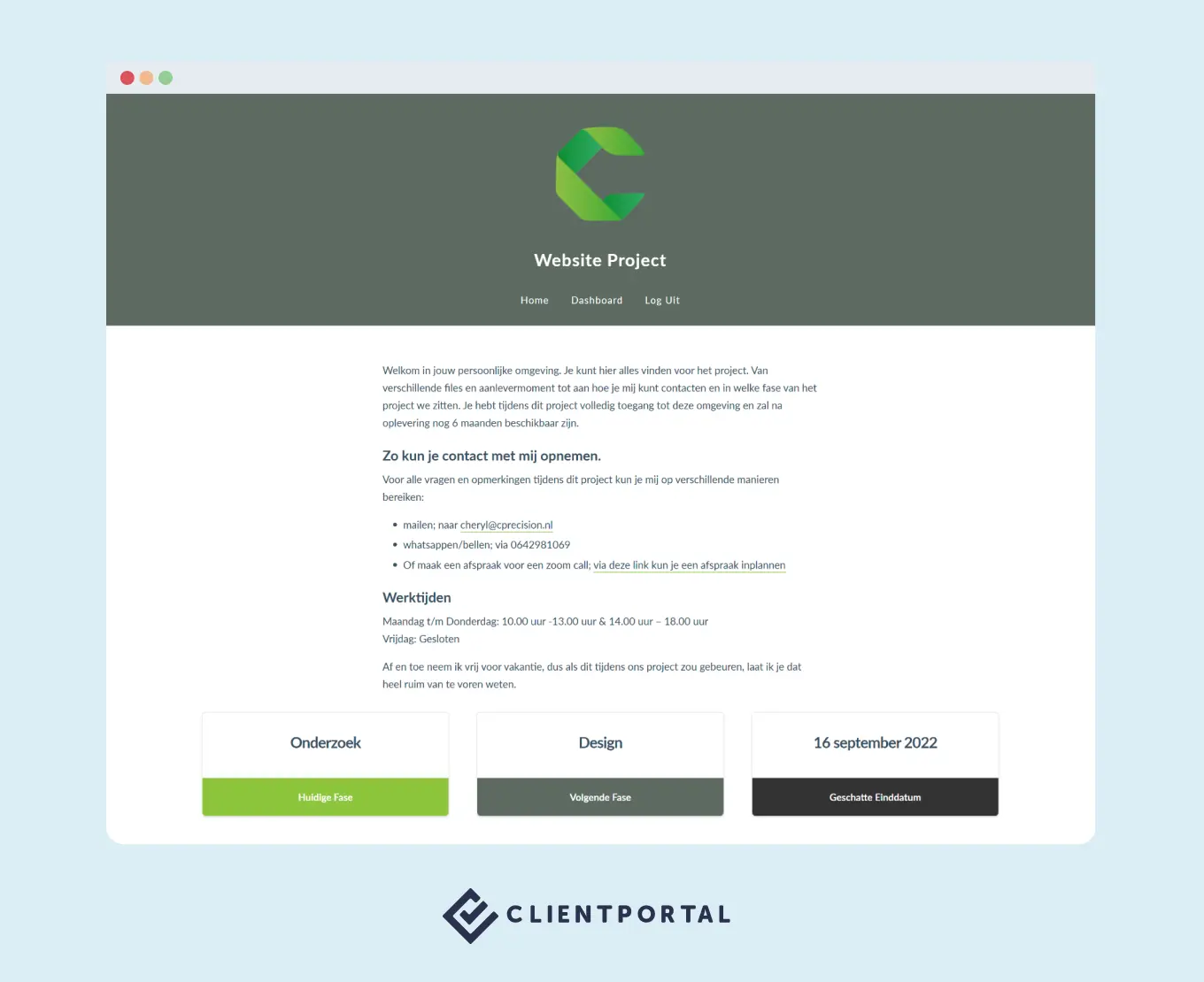 The top of Cheryl's Client Portal showing the client welcome message, contact details, and a three-box progress bar indicating the current phase, next phase, and estimated completion date.
