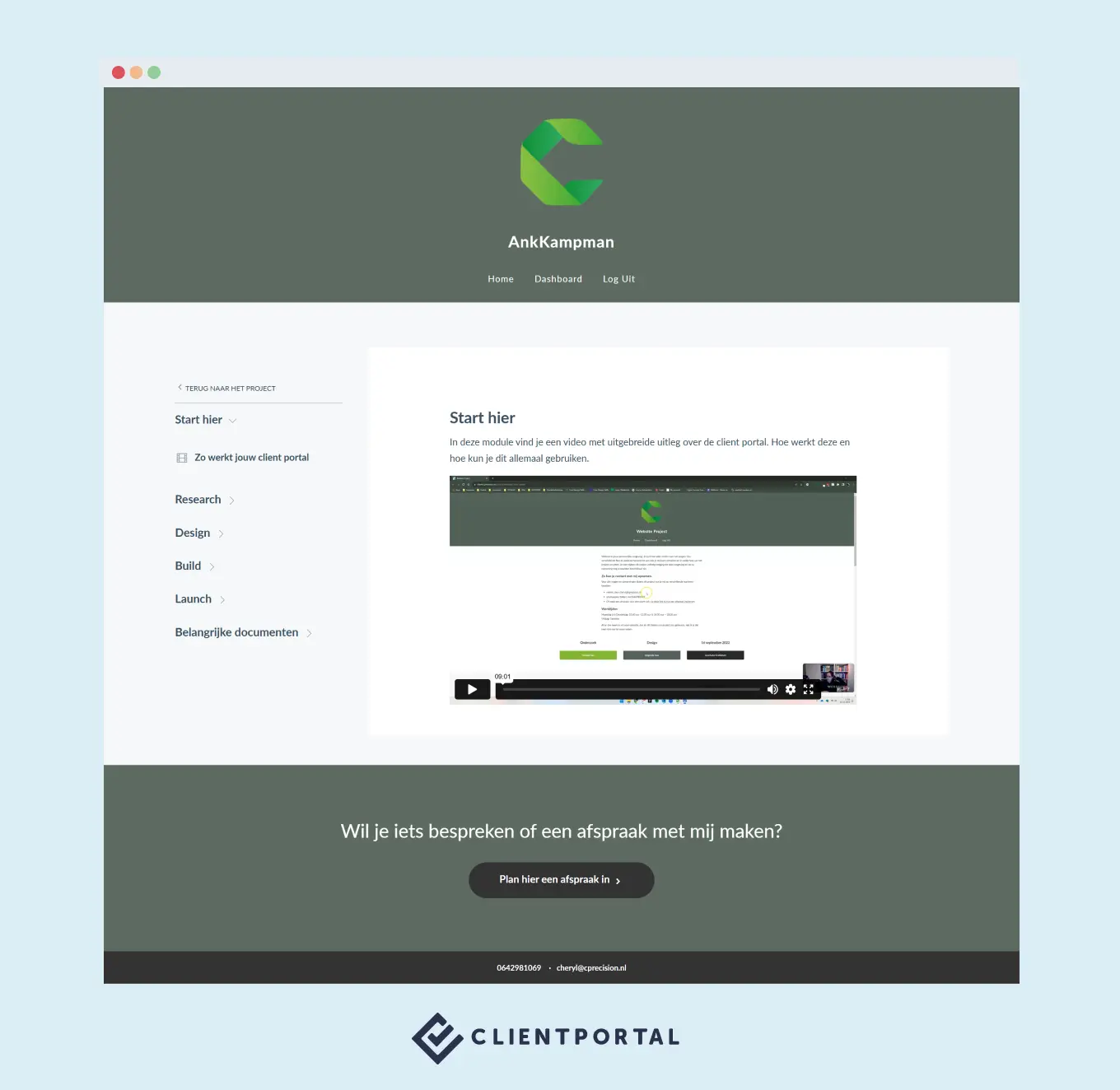 The first module of a Client Portal showing an embedded welcome video to help clients understand how to use the portal.
